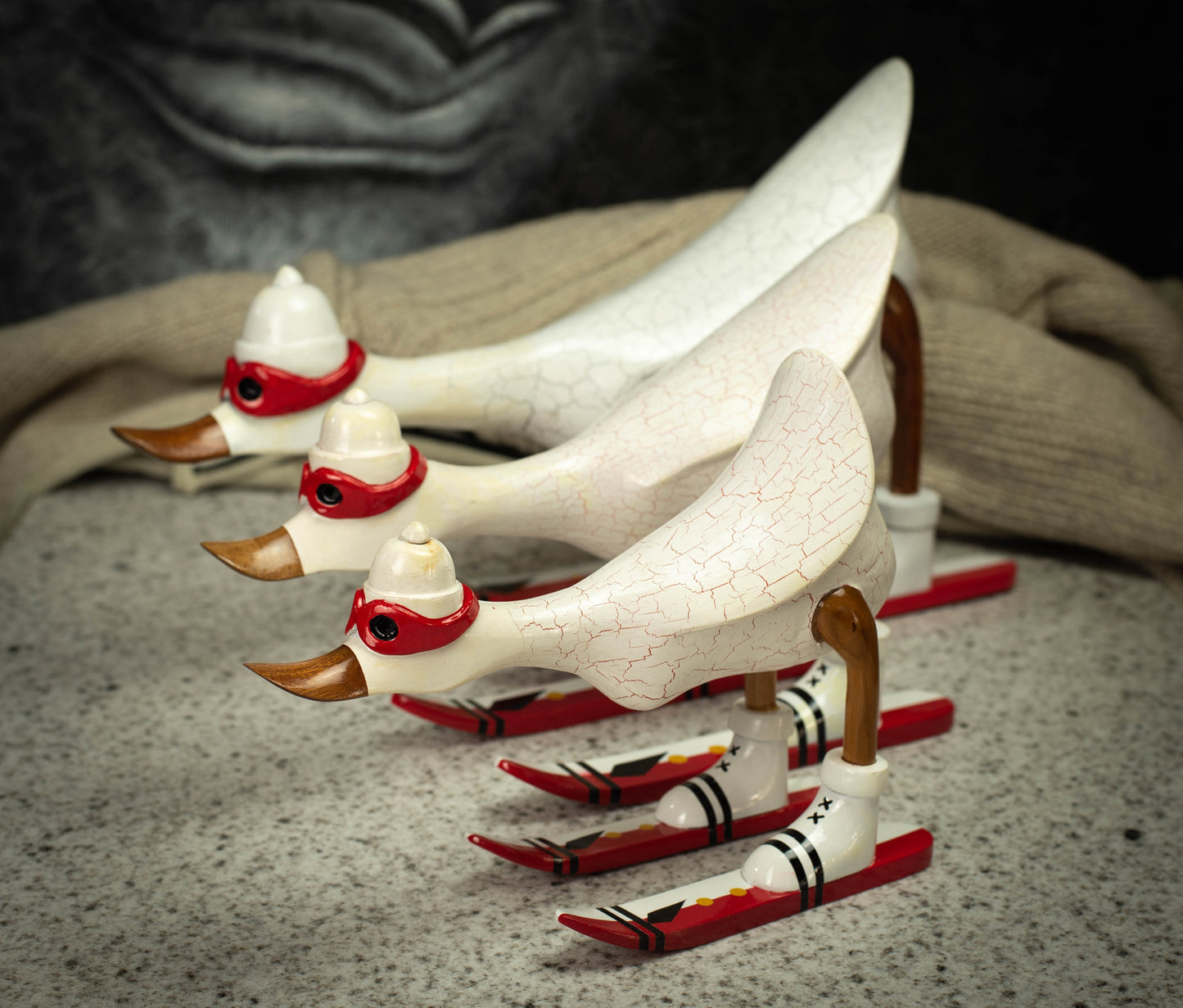 Hand Carved, Hand Painted Wooden Sculpture of a White Duck on Skis