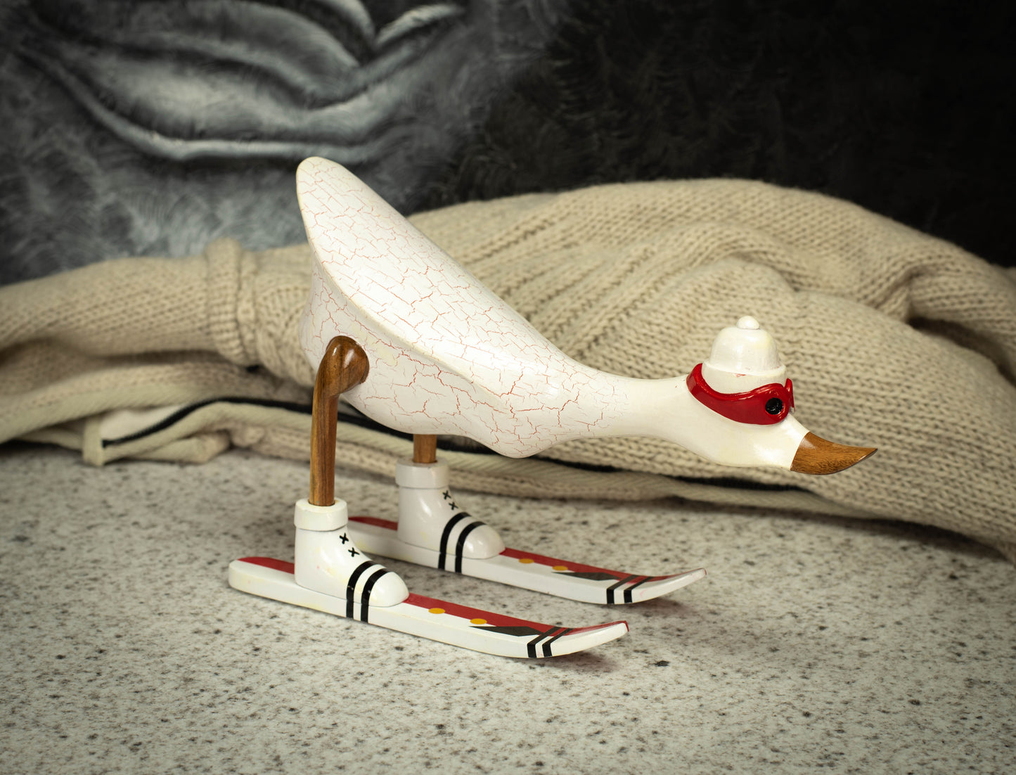 Hand Carved, Hand Painted Wooden Sculpture of a White Duck on Skis