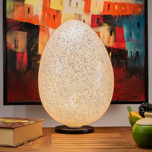 Hand-Painted Egg Shape Resin Lamp with Blue Dotted Spiral Decoration