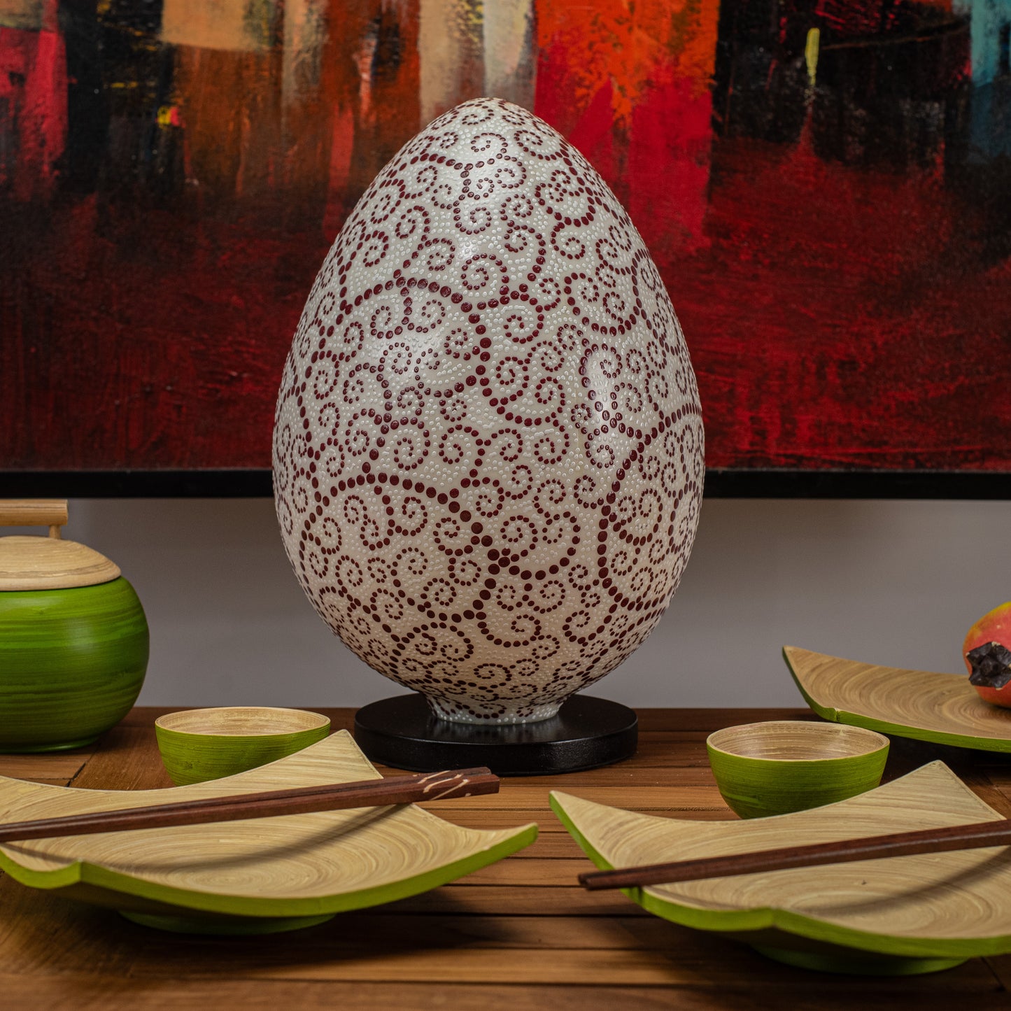 Hand-Painted Egg Shape Resin Lamp with Maroon Dotted Spiral Decoration