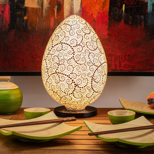 Hand-Painted Egg Shape Resin Lamp with Maroon Dotted Spiral Decoration