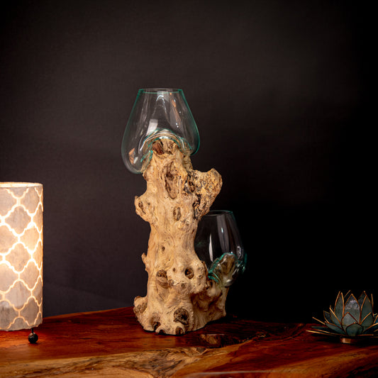 Pair of Blown Glass Vases on Natural Coffee Root Plinth