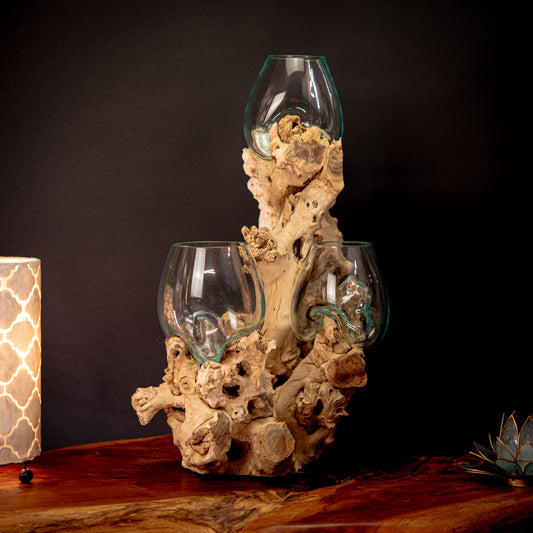 Trio of Blown Glass Vases on Natural Coffee Root Plinth