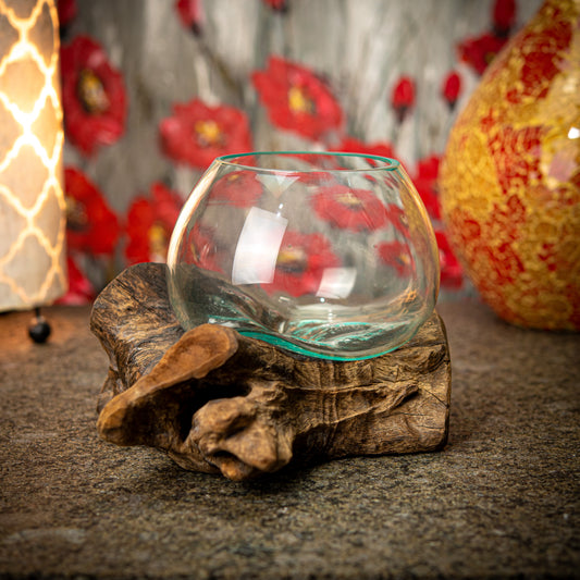 Blown Glass Bowl on Natural Coffee Root Plinth