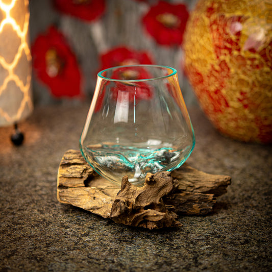 Blown Glass Bowl on Natural Teak Root Plinth