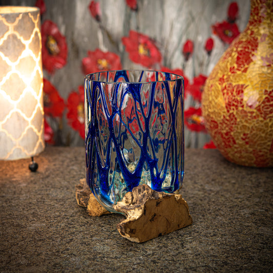 Blown Marbeled Blue-Glass Cut Vase on Natural Coffee Root Plinth