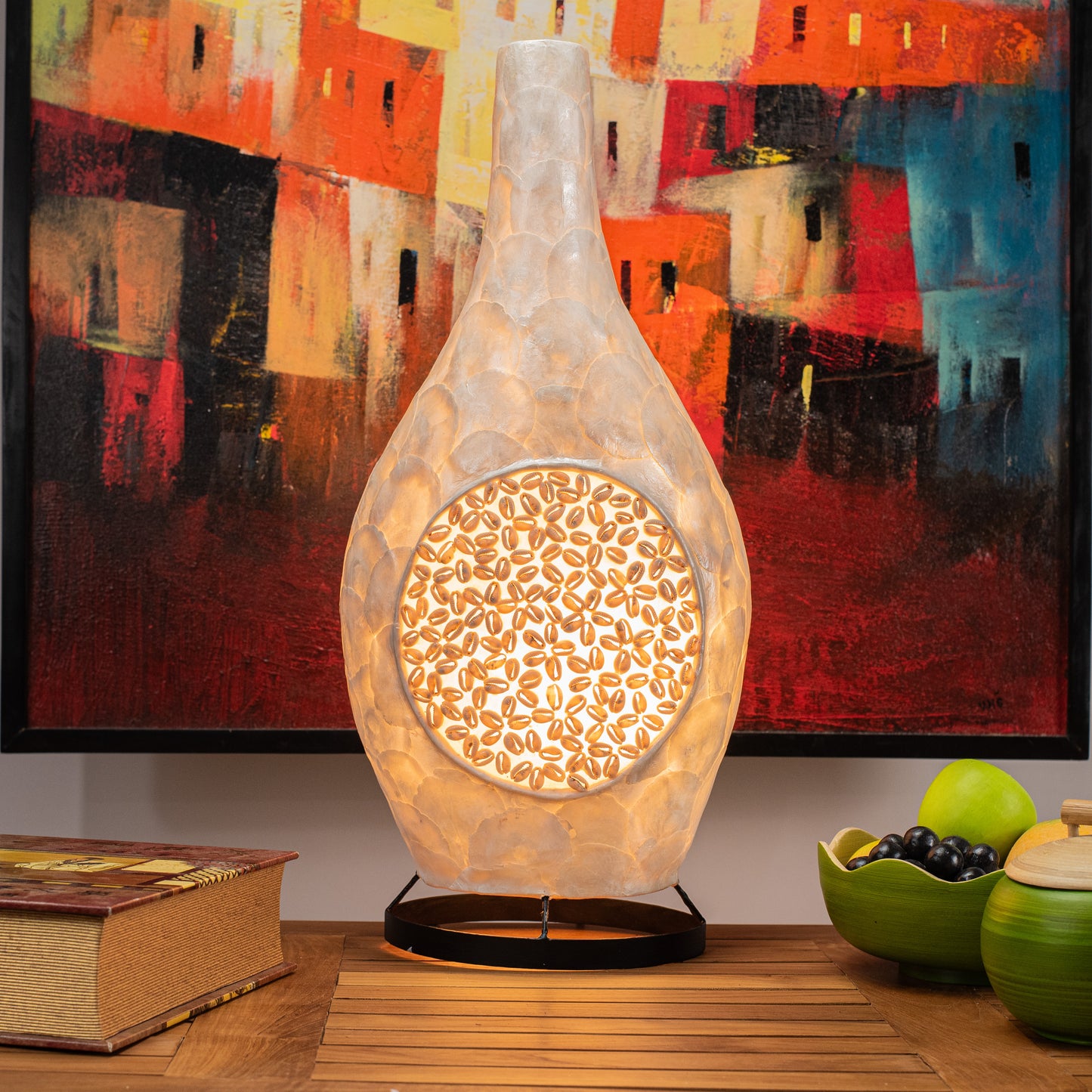 Hand Made Fambo Lamp with Mother of Pearl & Round Centered Seashell, H 51 x L 15 x W 15 cm