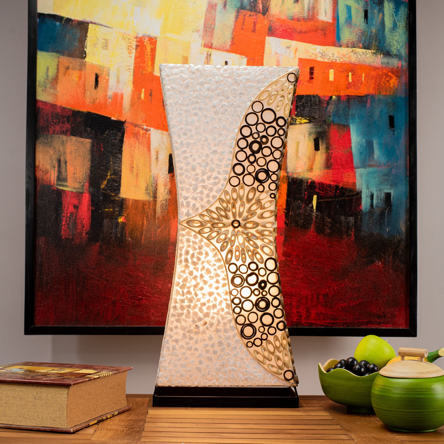 Hand Made Rectangle Curved Lamp with Mother of Pearl & Flower Bamboo