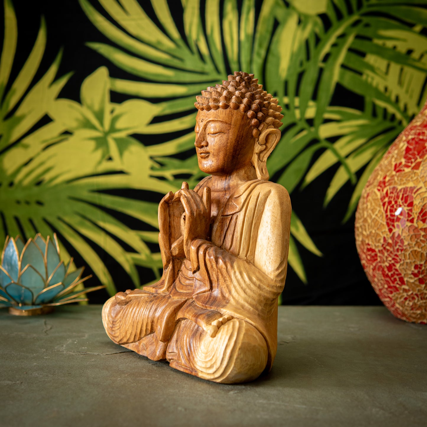 Hand Carved Wooden Buddha with Fingers Touched Sculpture