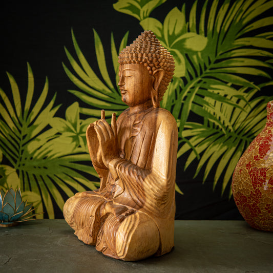 Hand Carved Wooden Buddha with Fingers Touched Sculpture