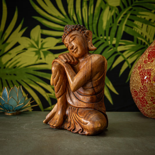 Hand Carved Wooden Buddha with Leaning Head Sculpture