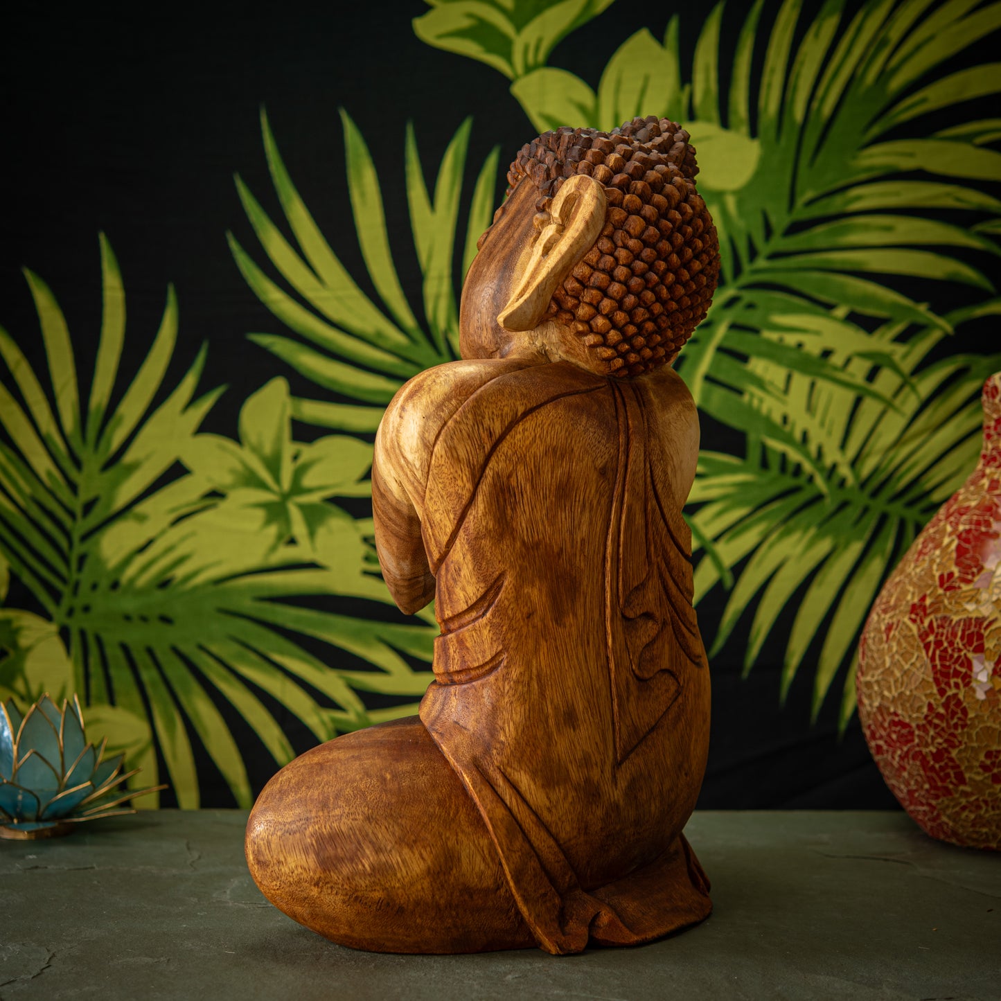Hand Carved Wooden Buddha with Leaning Head Sculpture