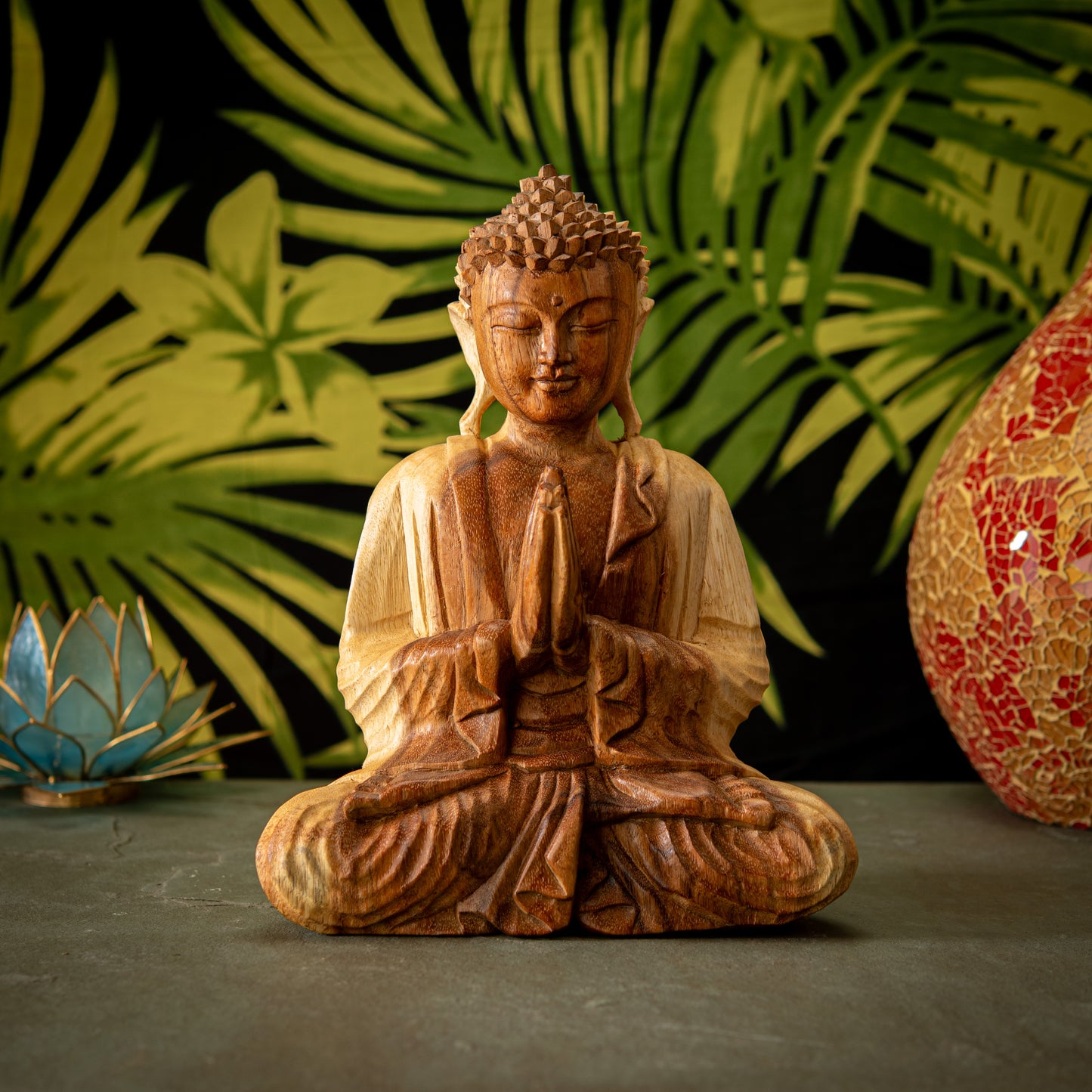 Hand Carved Natural Wooden Praying Buddha Sculpture