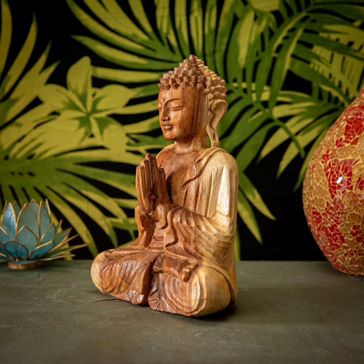 Hand Carved Natural Wooden Praying Buddha Sculpture