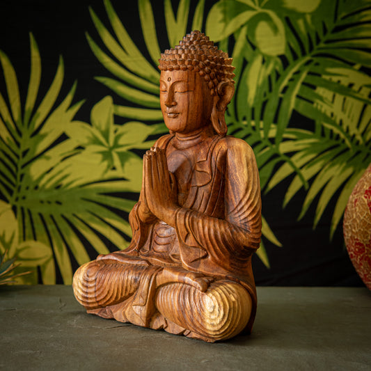 Hand Carved Natural Wooden Praying Buddha Sculpture