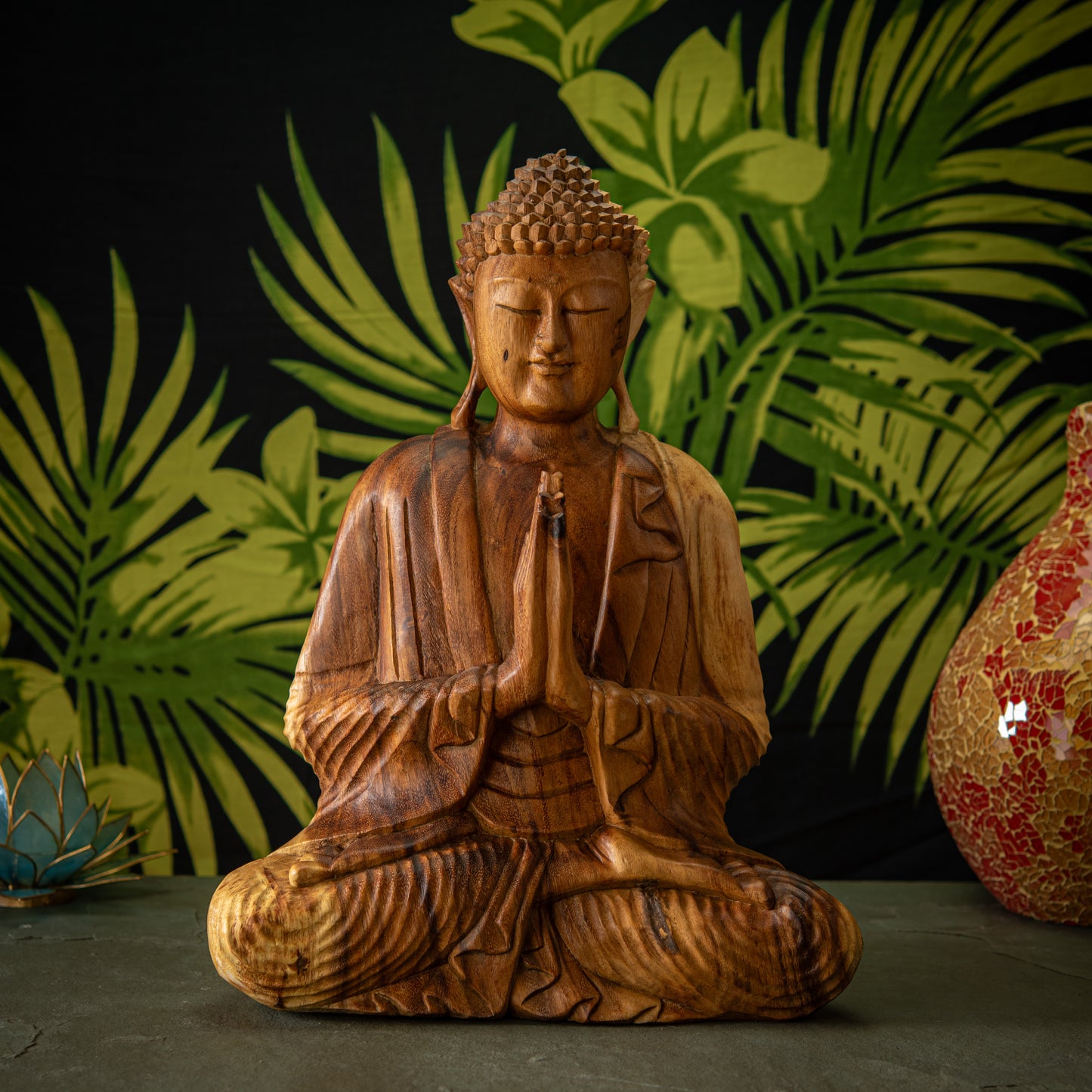 Hand Carved Natural Wooden Praying Buddha Sculpture