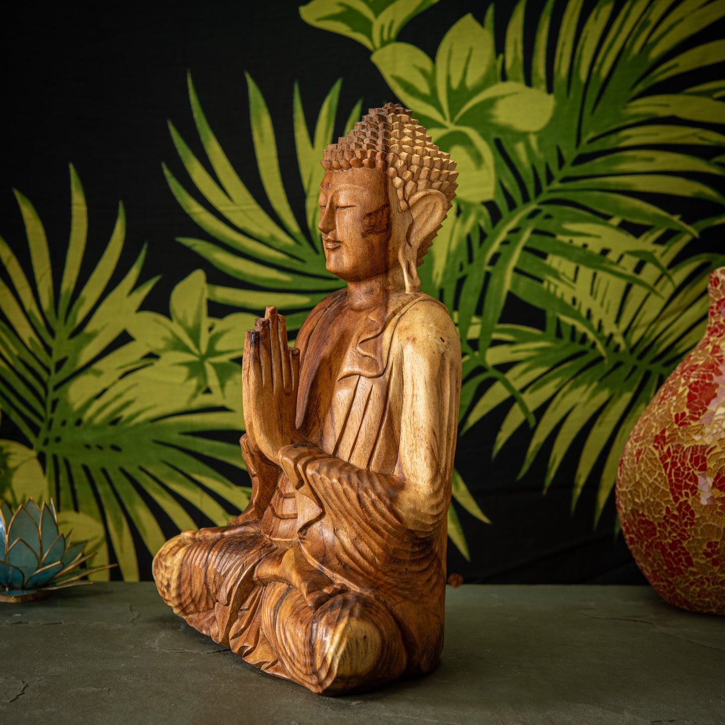 Hand Carved Natural Wooden Praying Buddha Sculpture