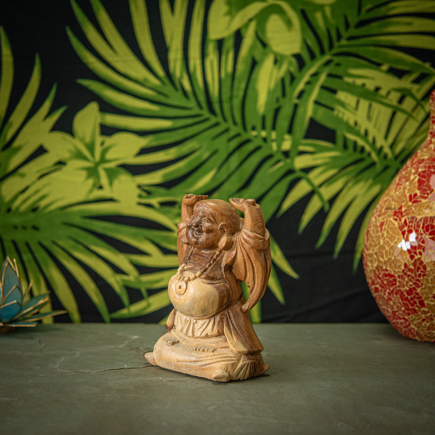 Hand Carved Wooden Hands Up Happy Buddha Sculpture
