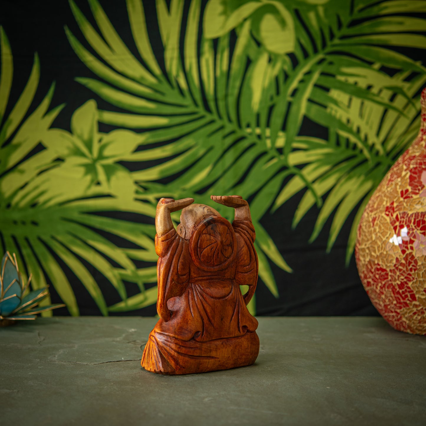 Hand Carved Wooden Hands Up Happy Buddha Sculpture