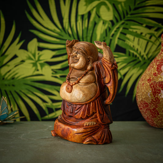 Hand Carved Wooden Hands Up Happy Buddha Sculpture