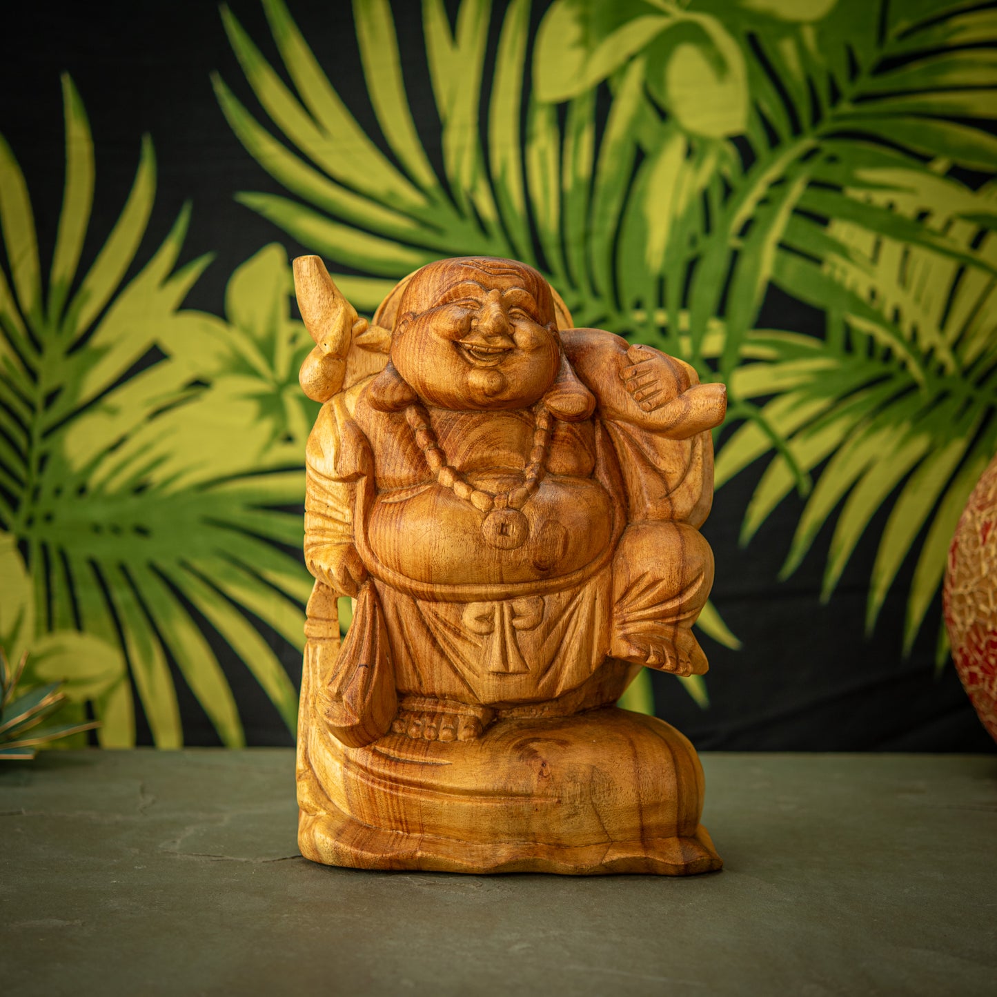 Hand Carved Wooden Hands Up Happy Buddha Sculpture