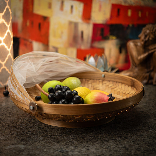 Hand-Made Round Bamboo Basket with Net Cover