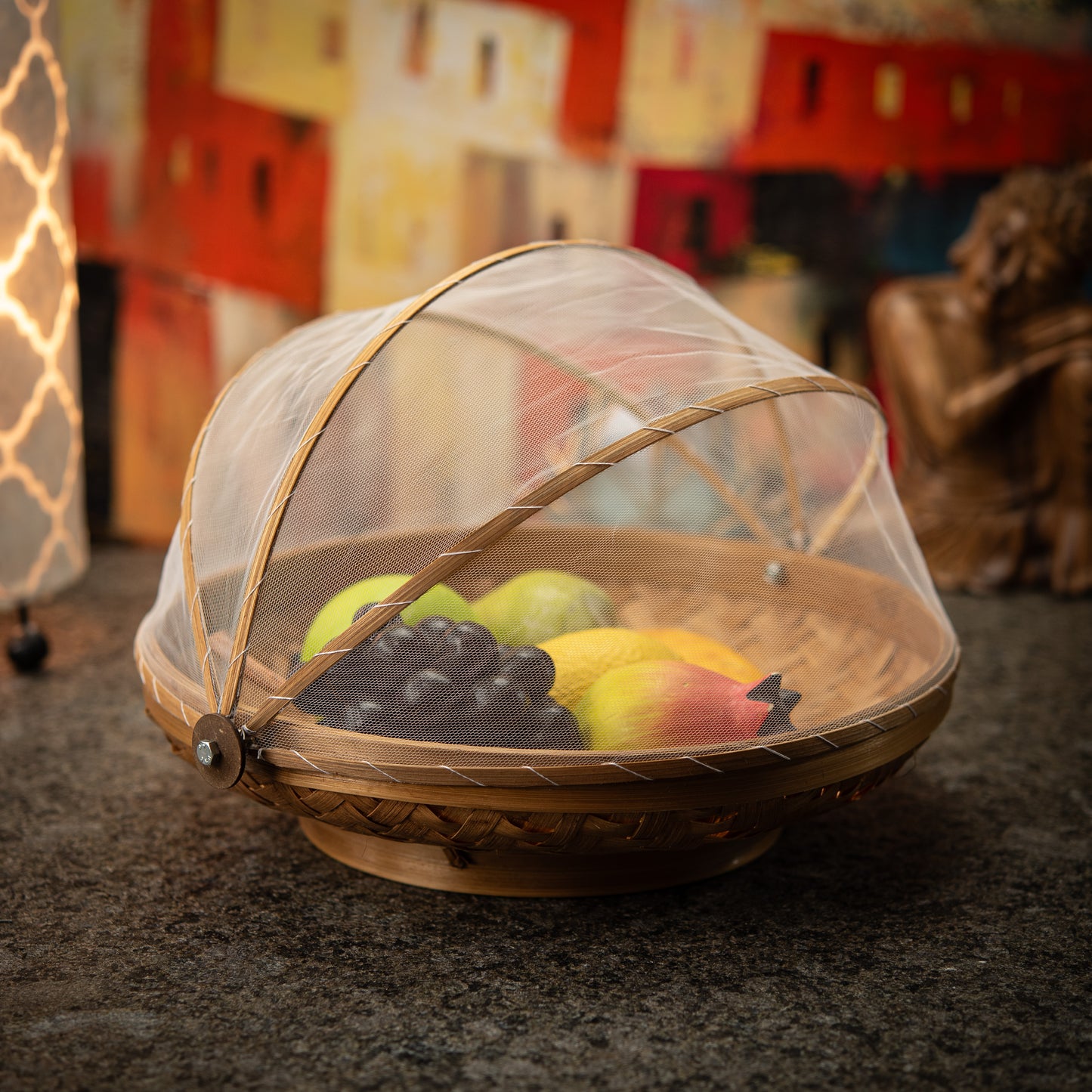 Hand-Made Round Bamboo Basket with Net Cover