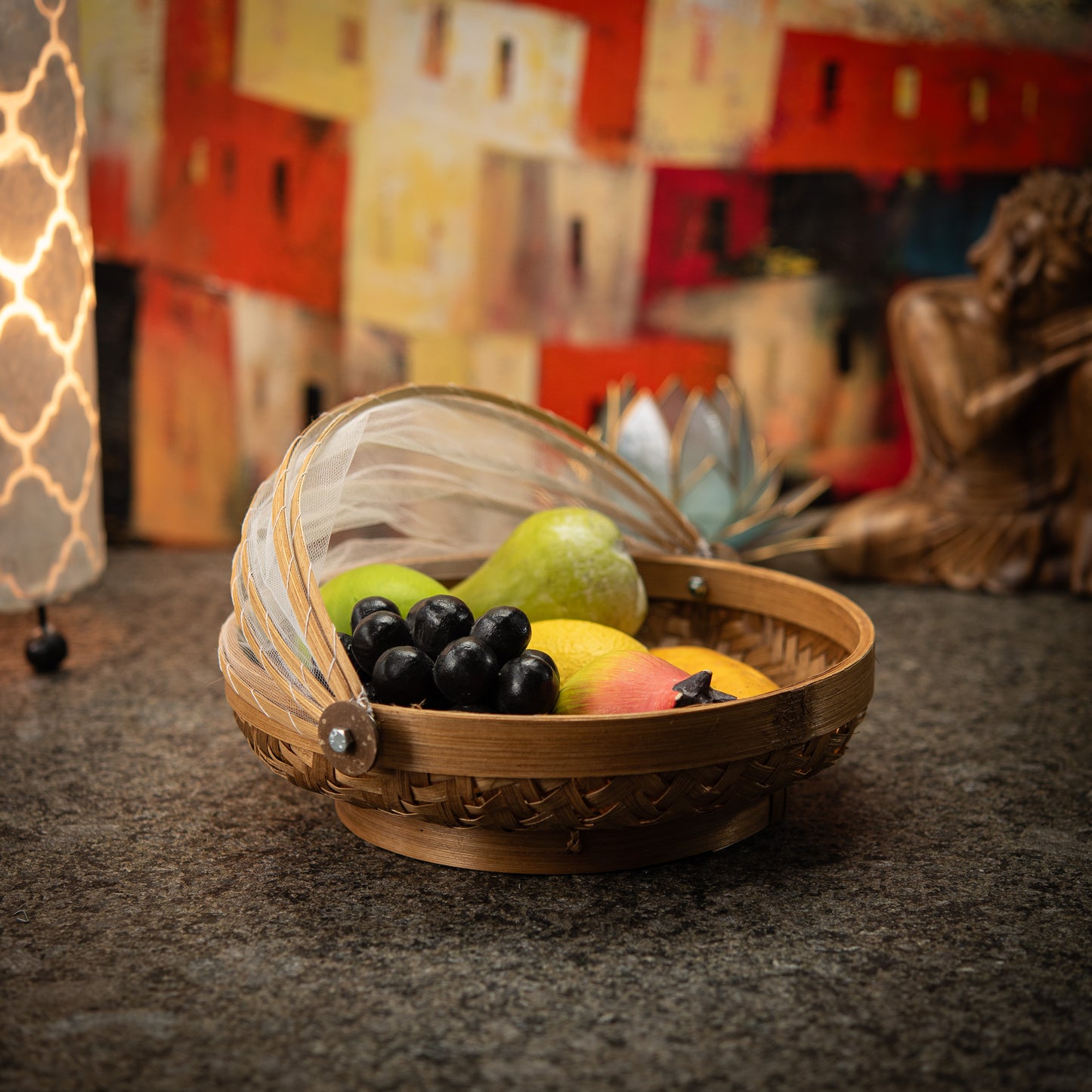 Hand-Made Round Bamboo Basket with Net Cover