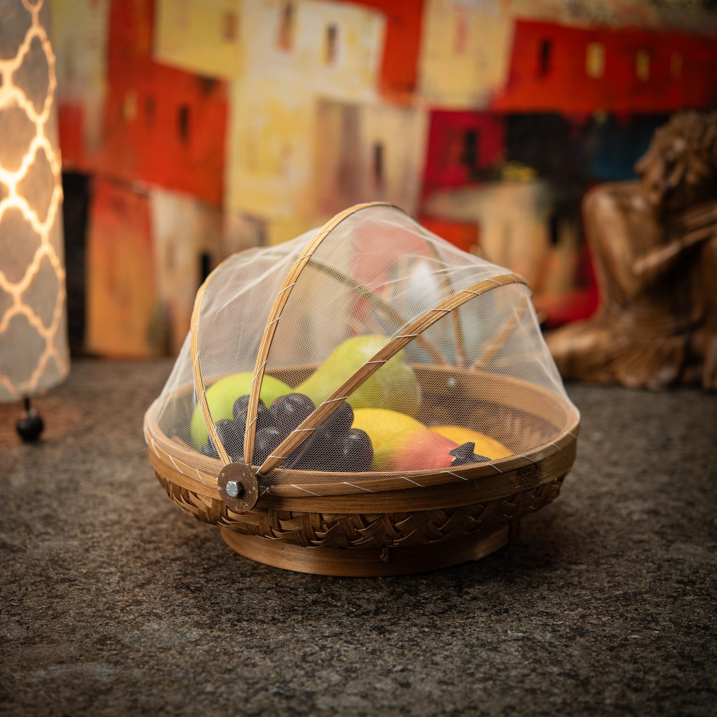 Hand-Made Round Bamboo Basket with Net Cover