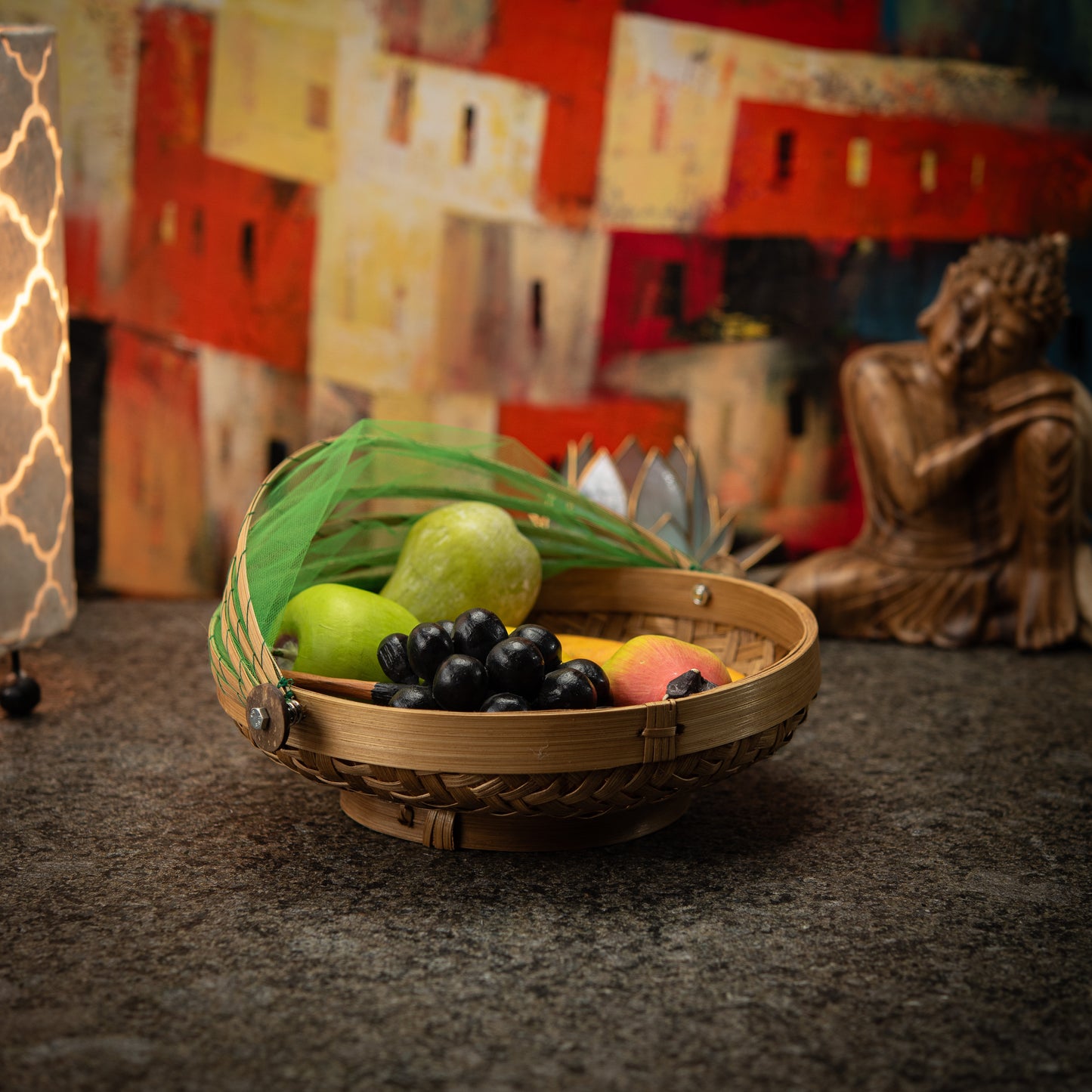 Hand-Made Round Bamboo Basket with Net Cover