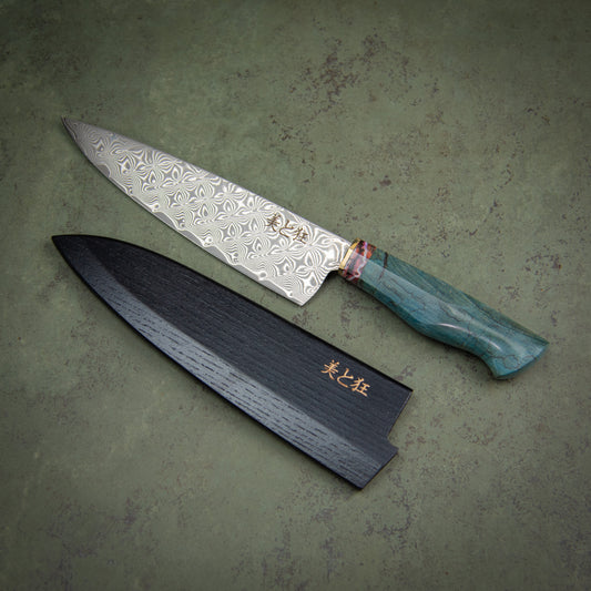 Couteau en acier Damas 67 couches fait main avec manche en érable échauffé bleu et bois de cerf