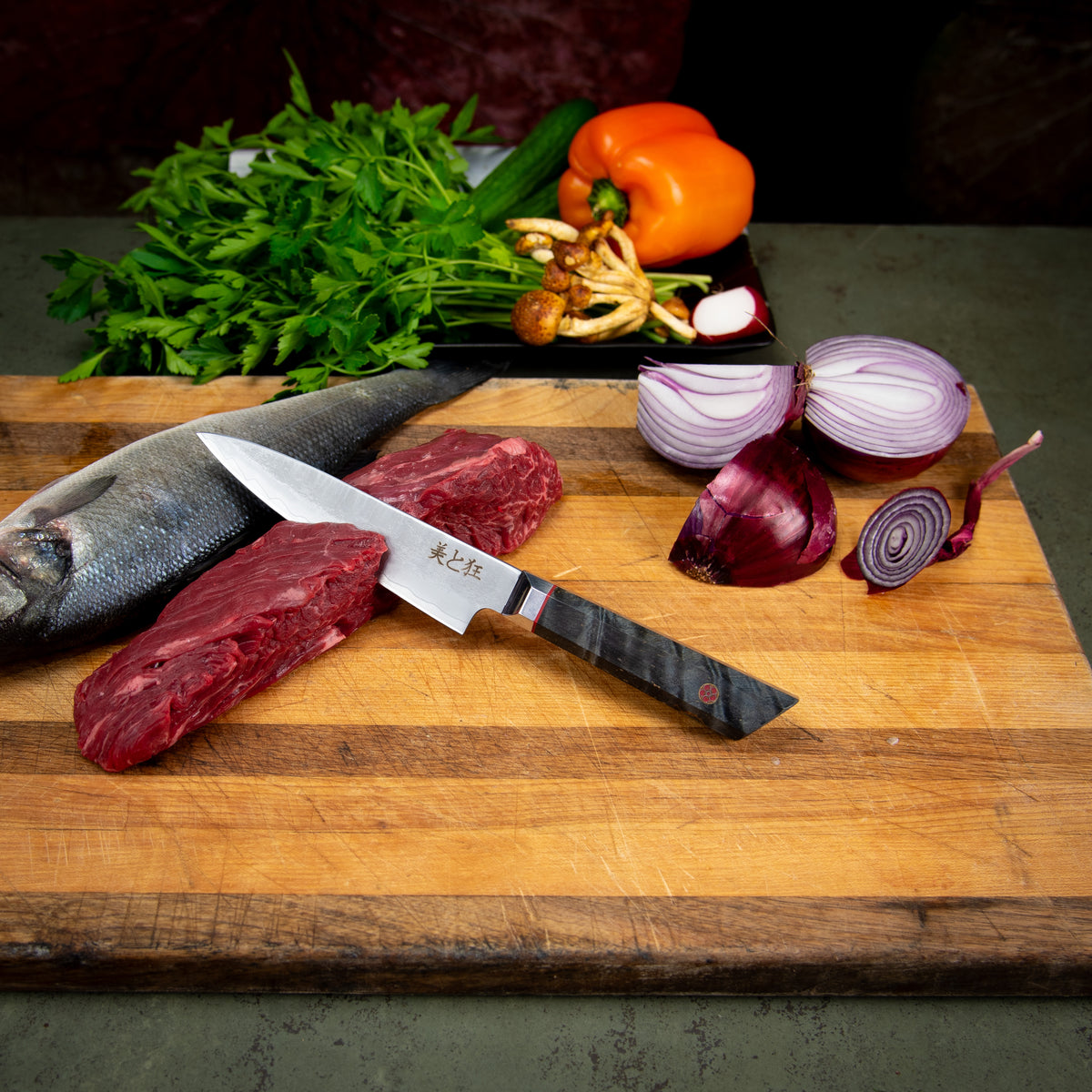 Hand Made 3-layer Steel Knife with a Grey Burl Wood Handle