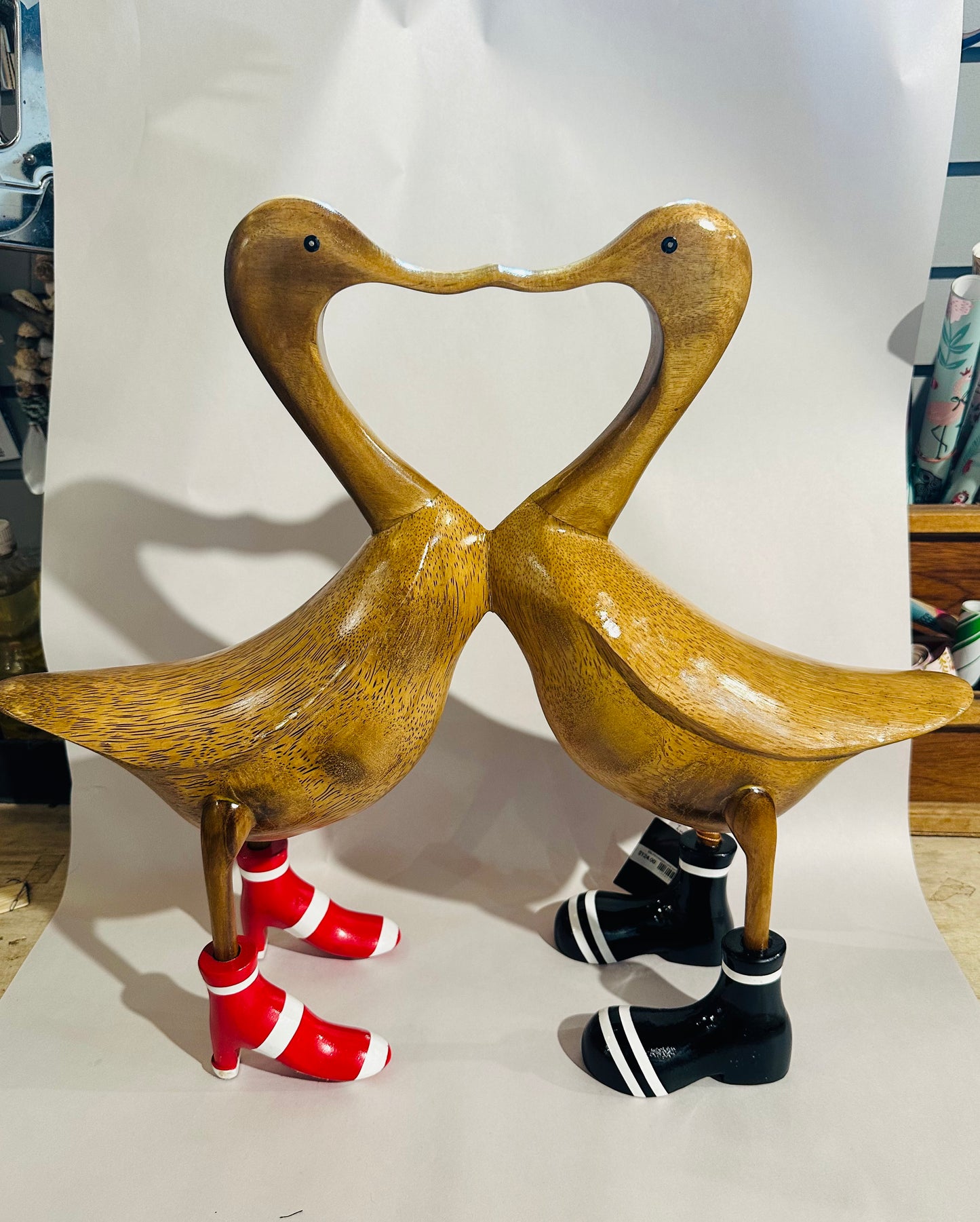 Hand Carved, Natural Wooden Sculpture of a Pair of Ducks in Love