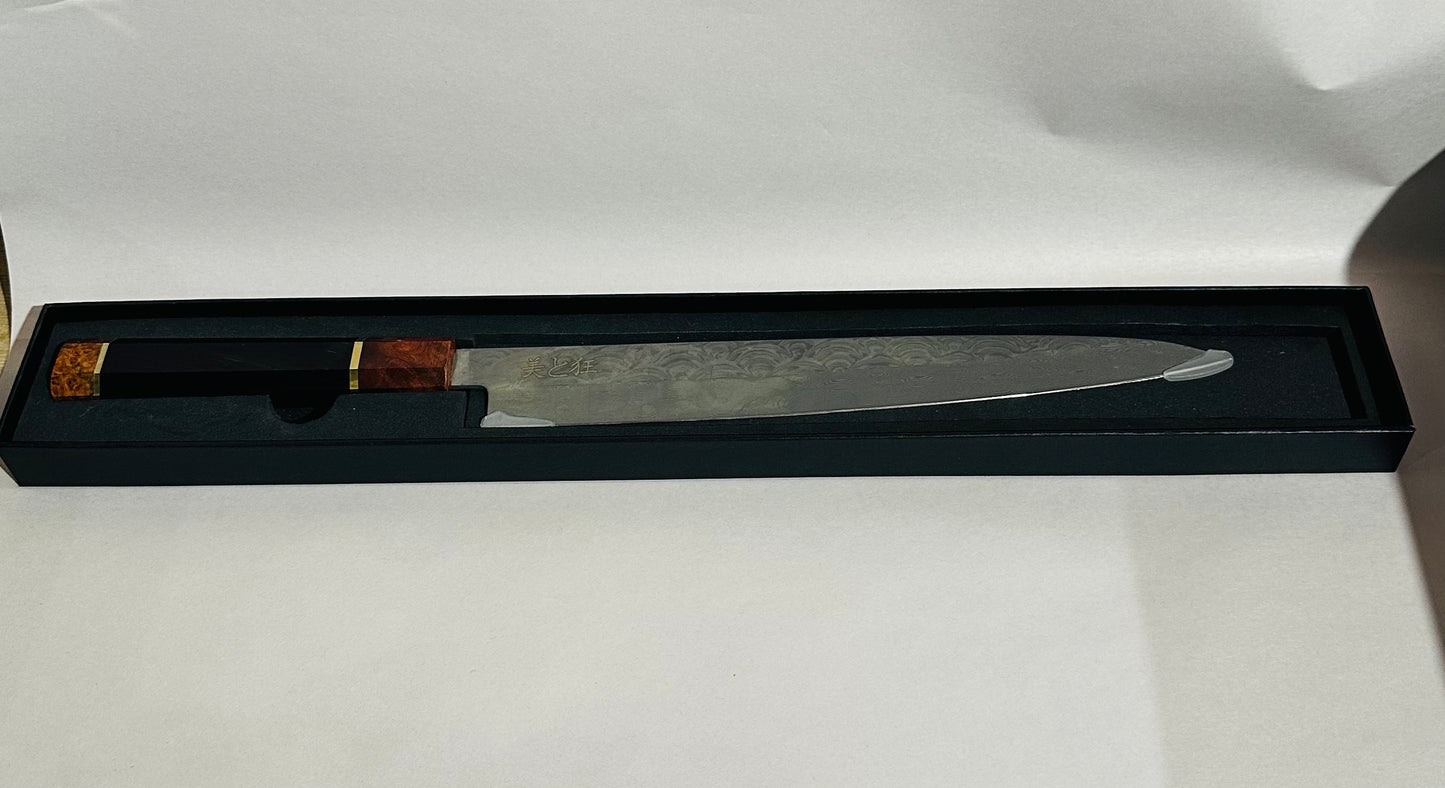 Hand Made 110 Layer Damascus Steel knife with a Black Walnut & Burl Wood Handle