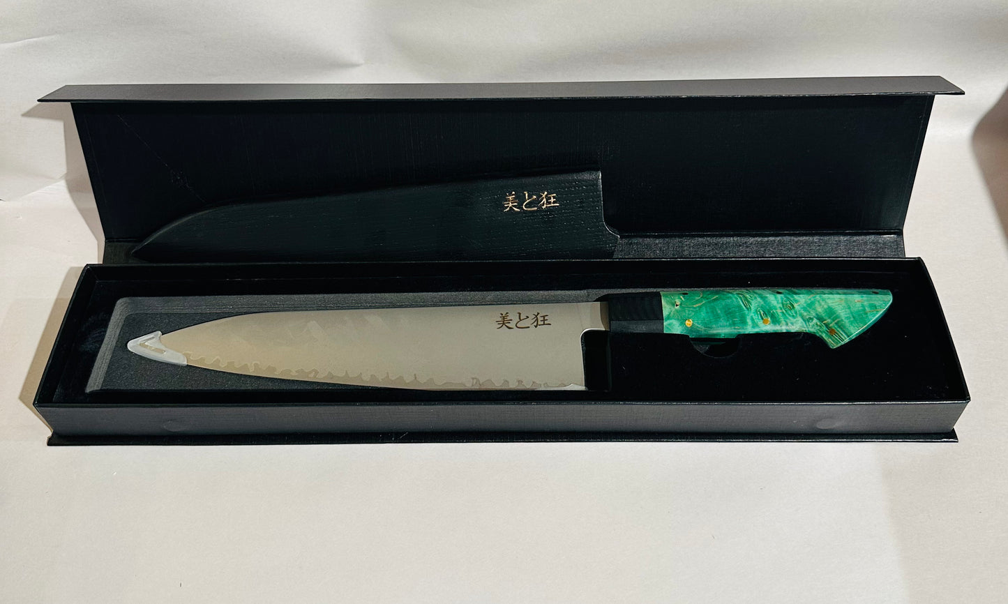 Hand Made 3-layer Steel Knife with a Green Burl Wood Handle