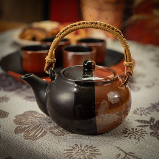 Satin Black and Red Ochre Tea Set with Plate & 4 Cups