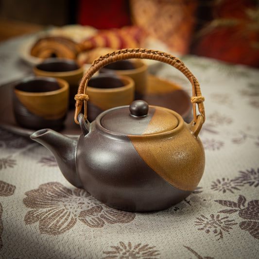 Satin Brown and Cream Tea Set with Plate & 4 Cups