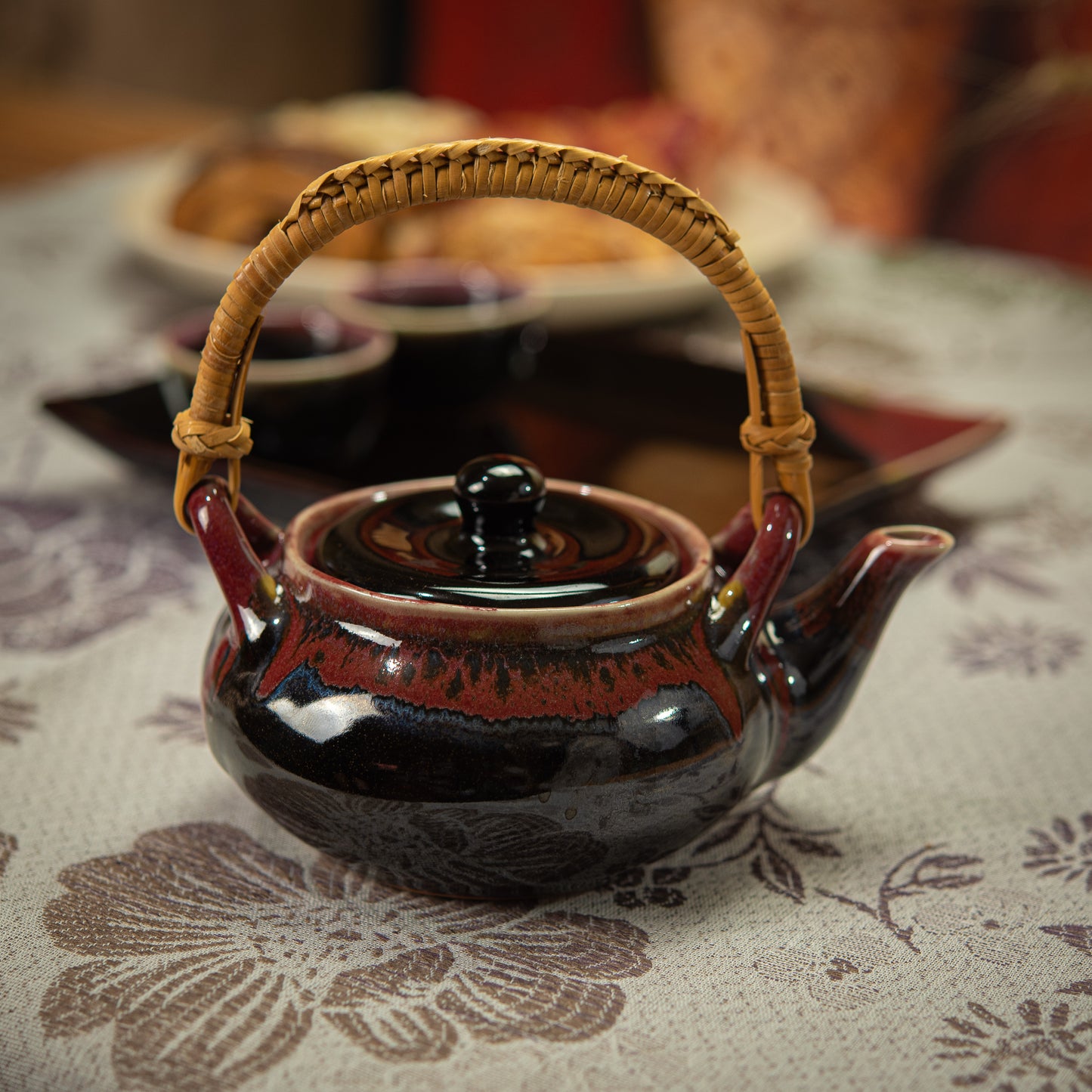 Small Black and Red Tea Set with Plate & 2 Cups