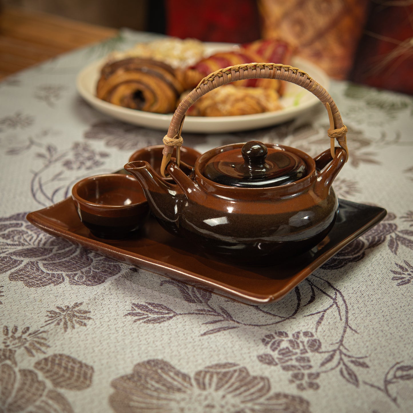 Small Black and Red Tea Set with Plate & 2 Cups