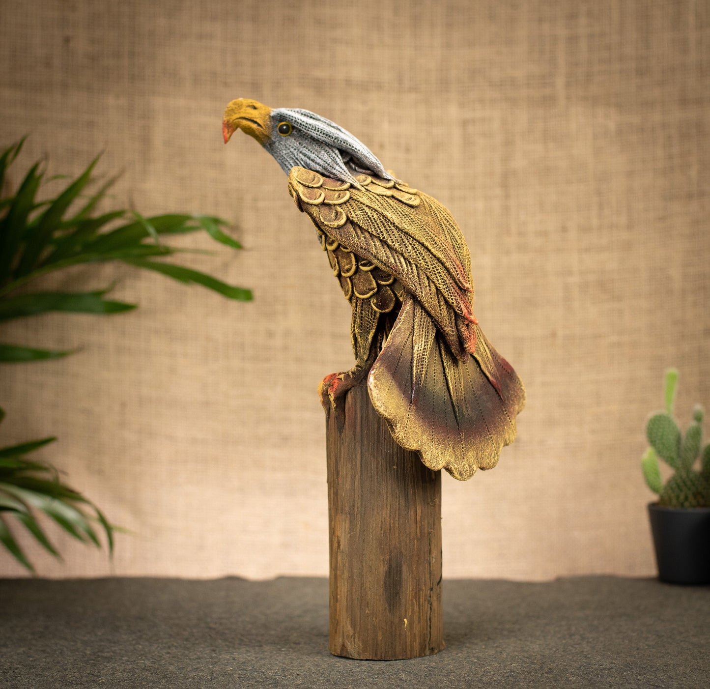 Hand Made Hand Painted Wood-Paste Eagle On A Stump