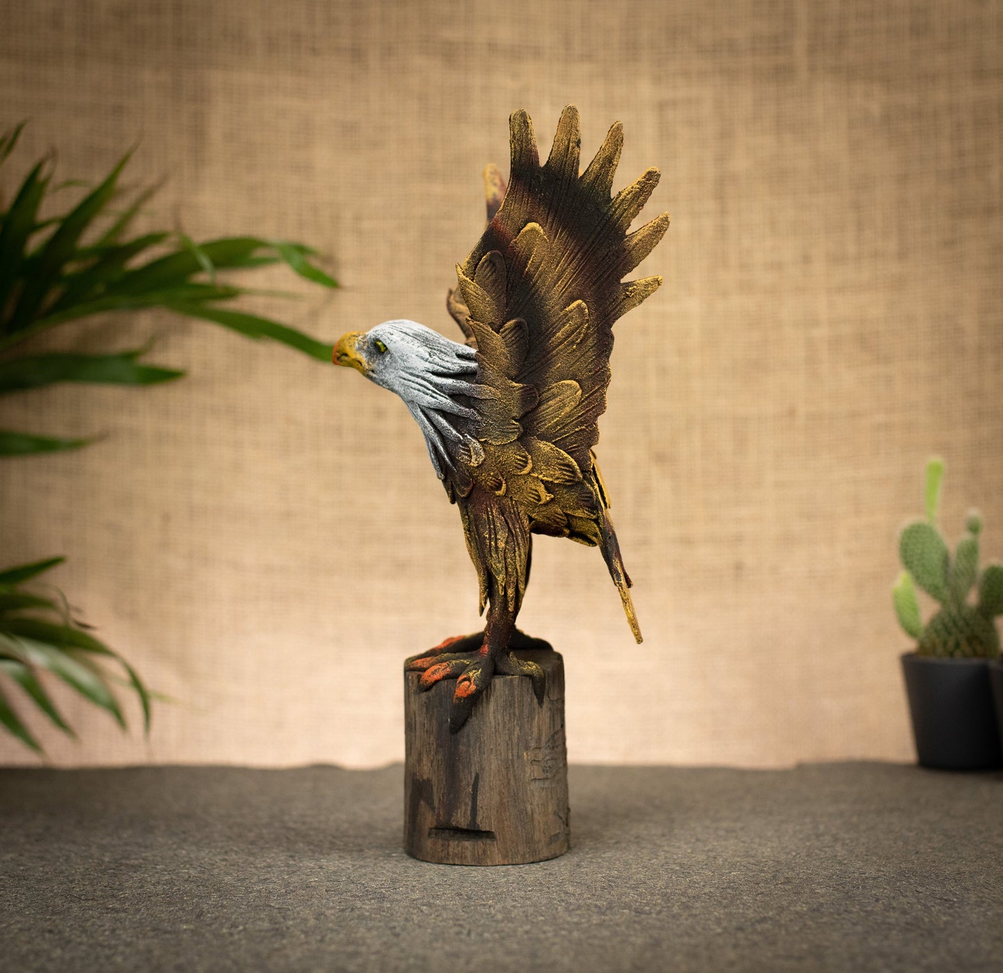Hand Made Hand Painted Wood-Paste Flying Eagle on Stump