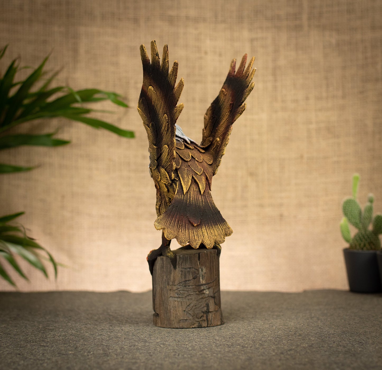 Hand Made Hand Painted Wood-Paste Flying Eagle on Stump