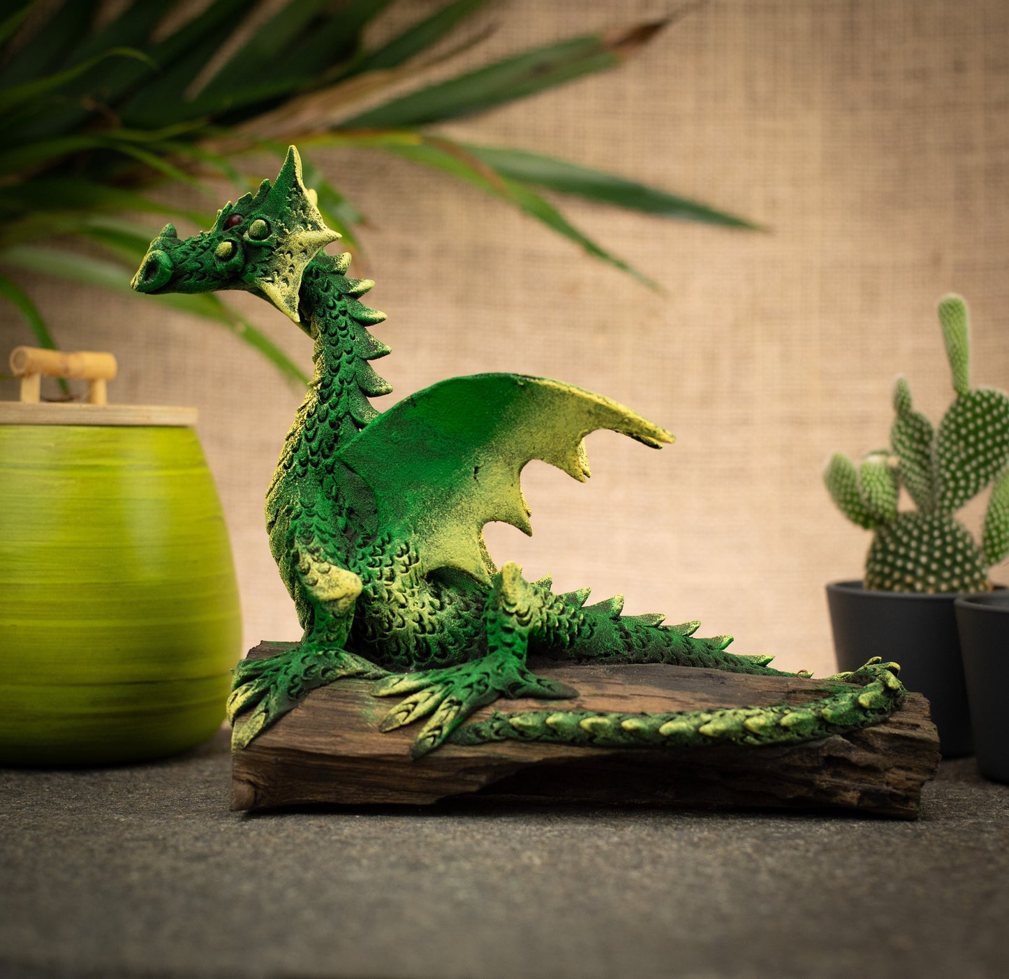 Hand Made Hand Painted Wood-Paste Flying Dragon On A Log