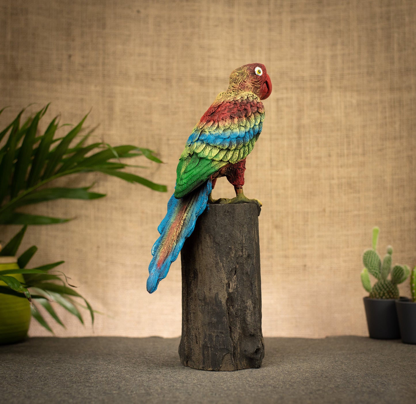 Hand Made Hand Painted Wood-Paste Parrot on Stump
