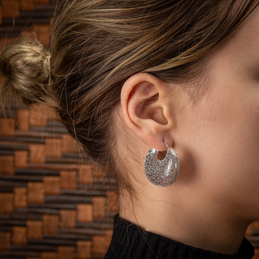 Sterling Silver, Rhodium Plated Geometric Flower of Life Hoop Earrings