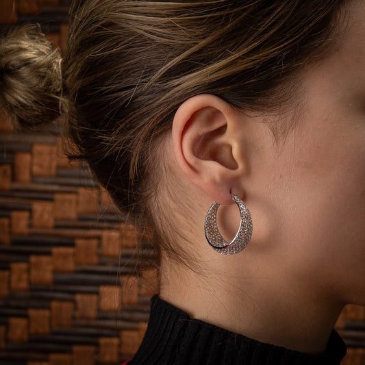 Sterling Silver, Rhodium Plated Geometric Honeycomb Round Hoop Earrings