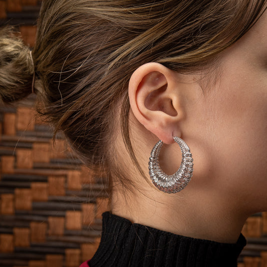 Sterling Silver, Rhodium Plated Geometric Abstract Diamond/Wave Round Hoop Earrings