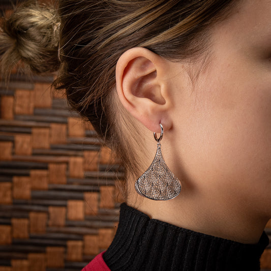 Sterling Silver, Rhodium Plated Geometric Shell Pattern Hoop Earrings