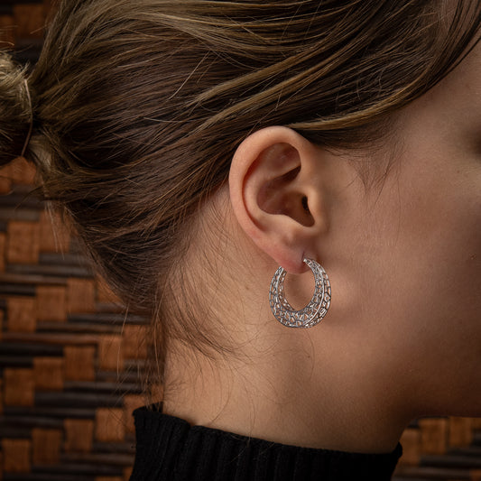 Sterling Silver, Rhodium Plated Geometric Honeycomb Square Hoop Earrings