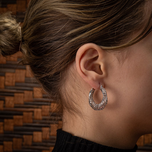 Sterling Silver, Rhodium Plated Geometric Diamond Shape Twist Hoop Earrings